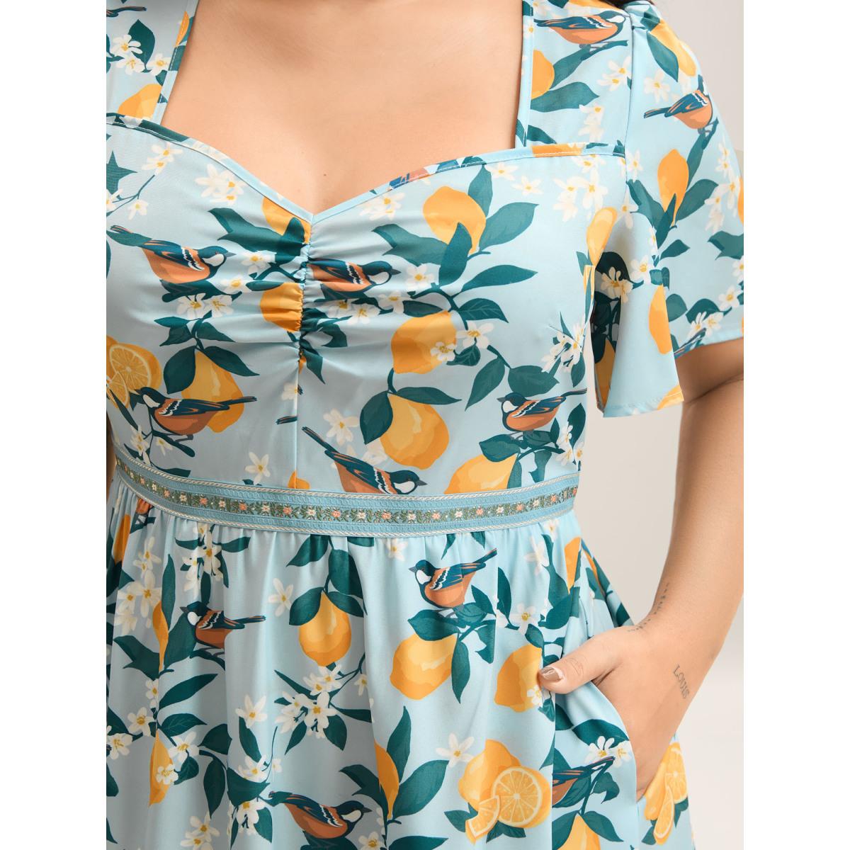 Plus Size Citrus Print Sweetheart Neckline Midi Dress LightBlue Women Gathered Heart neckline Short sleeve Curvy BloomChic 18-20/2X Product Image