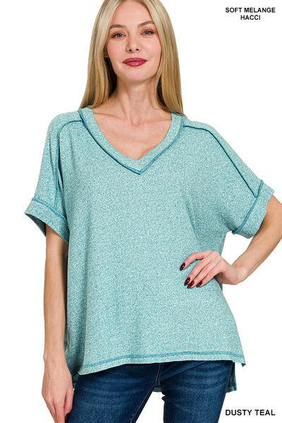 Ocean Blue Soft Melange V Neck Top Product Image