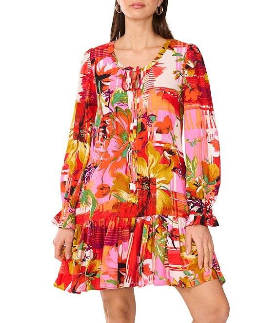 Vince Camuto Woven Floral Print Split Round Neck Long Sleeve Shift Dress Product Image