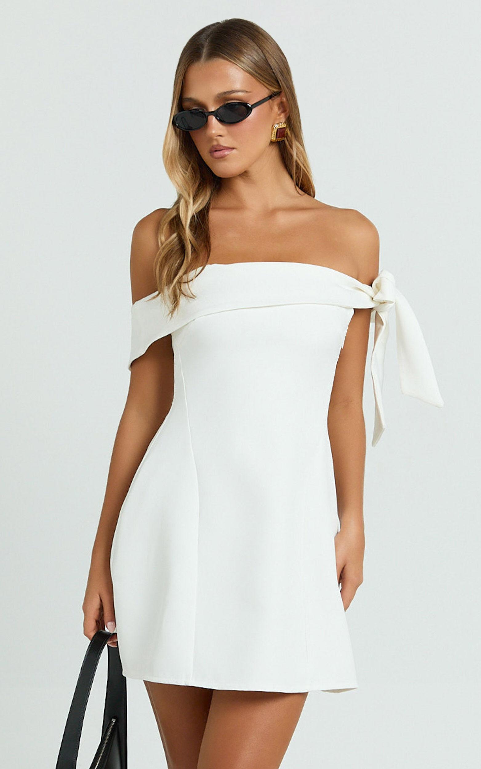Cecilia Mini Dress - Off Shoulder Tie Detail Dress in White Product Image