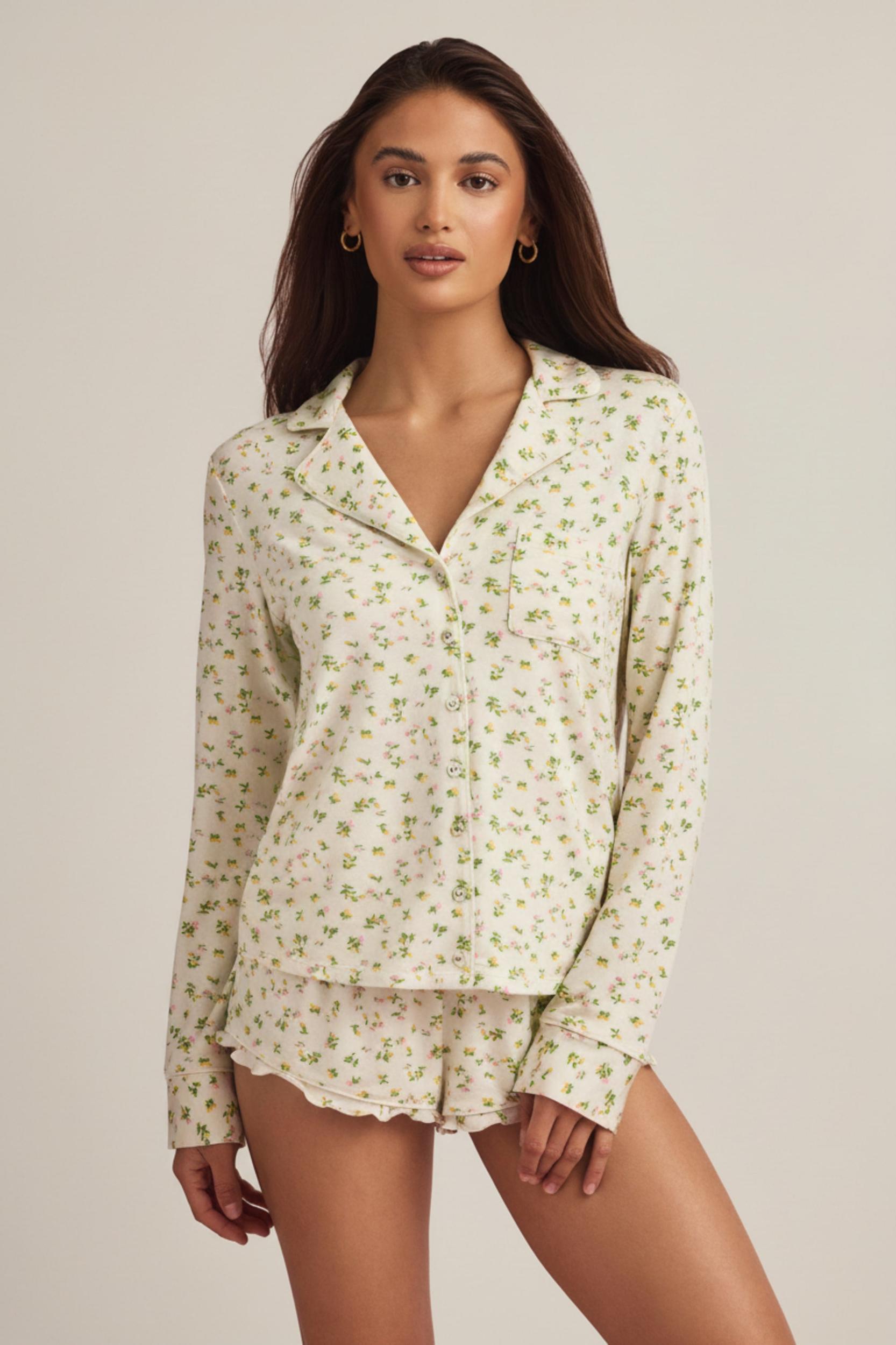 Modal Ruffle-Trim Pyjama Shorts in Lemon Print Product Image