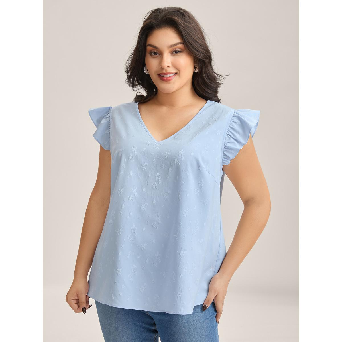 Plus Size Floral Print Textured Flutter Sleeve Tank Top Women LightBlue Texture V-neck Everyday-Elegant Tank Tops Camis BloomChic 28/5X Product Image