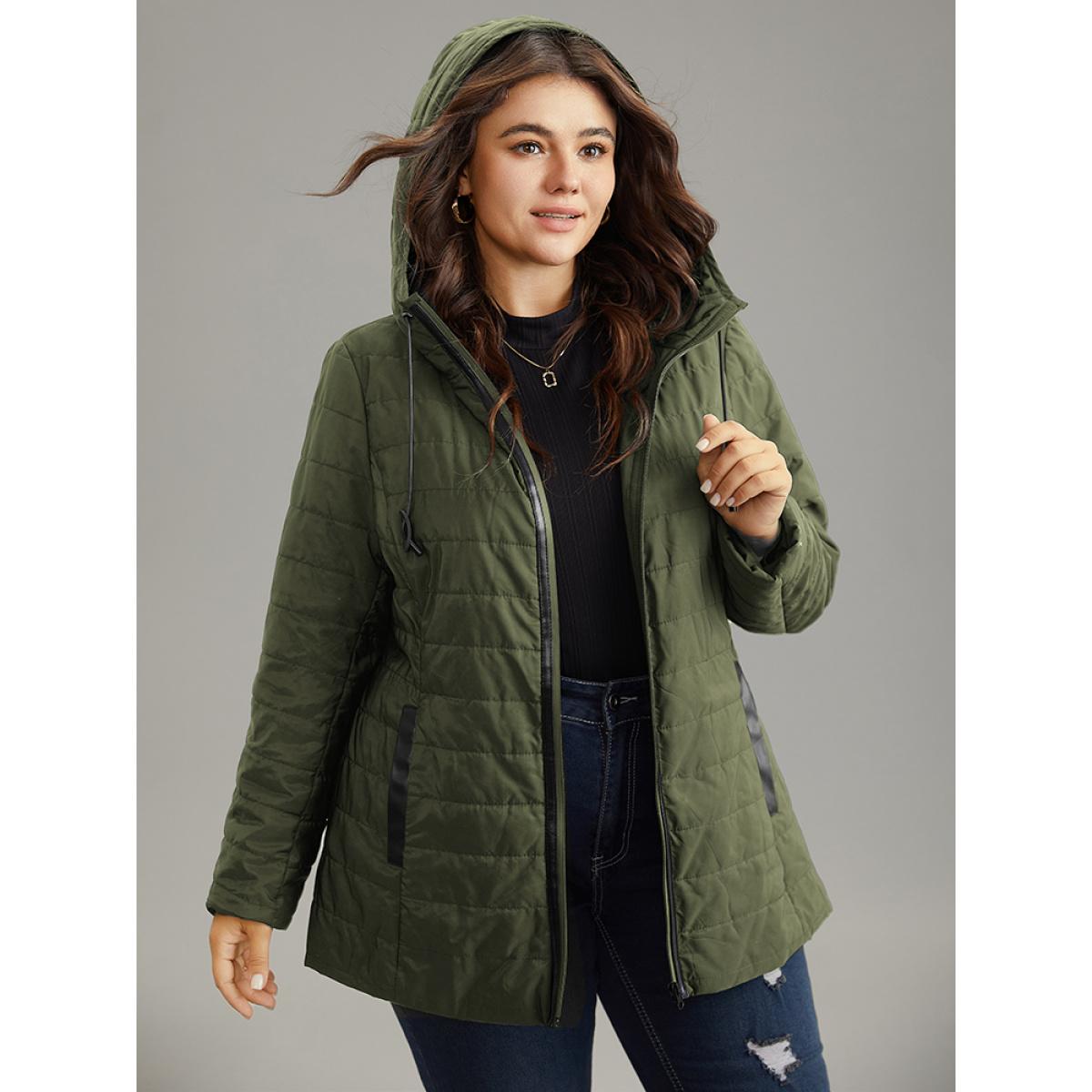Plus Size Drawstring Patchwork PU Leather Zipper Jacket Women ArmyGreen Casual Lined Ladies Everyday Winter Coats BloomChic 22-24/3X Product Image