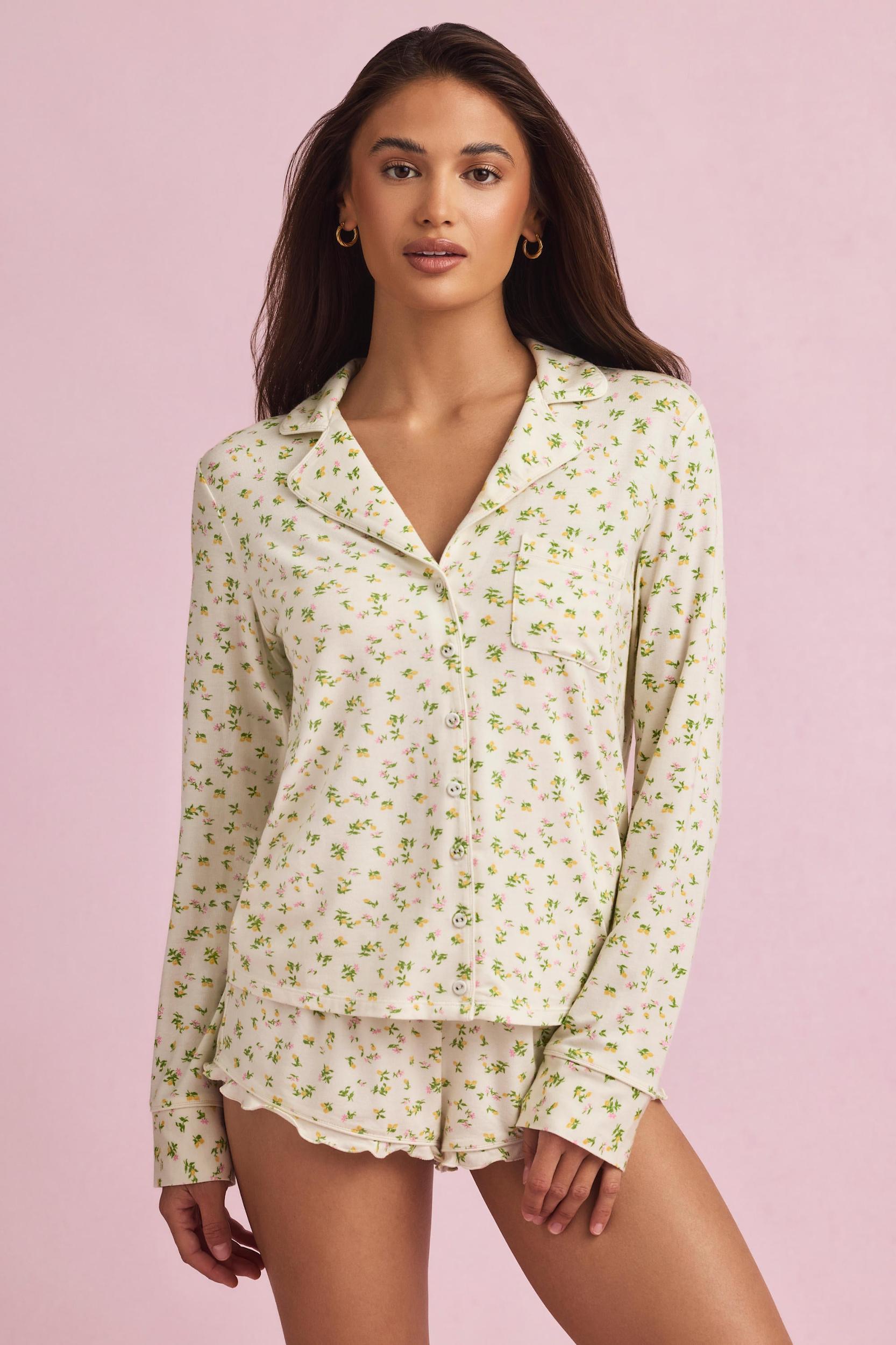 Modal Ruffle-Trim Pyjama Shorts in Lemon Print Product Image