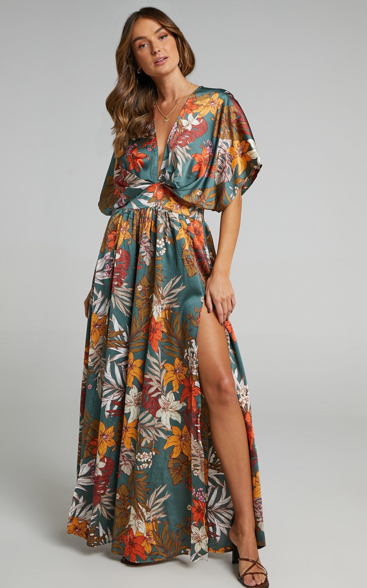 Vacay Ready Maxi Dress - Plunge Thigh Split Dress in Teal Floral Satin Product Image
