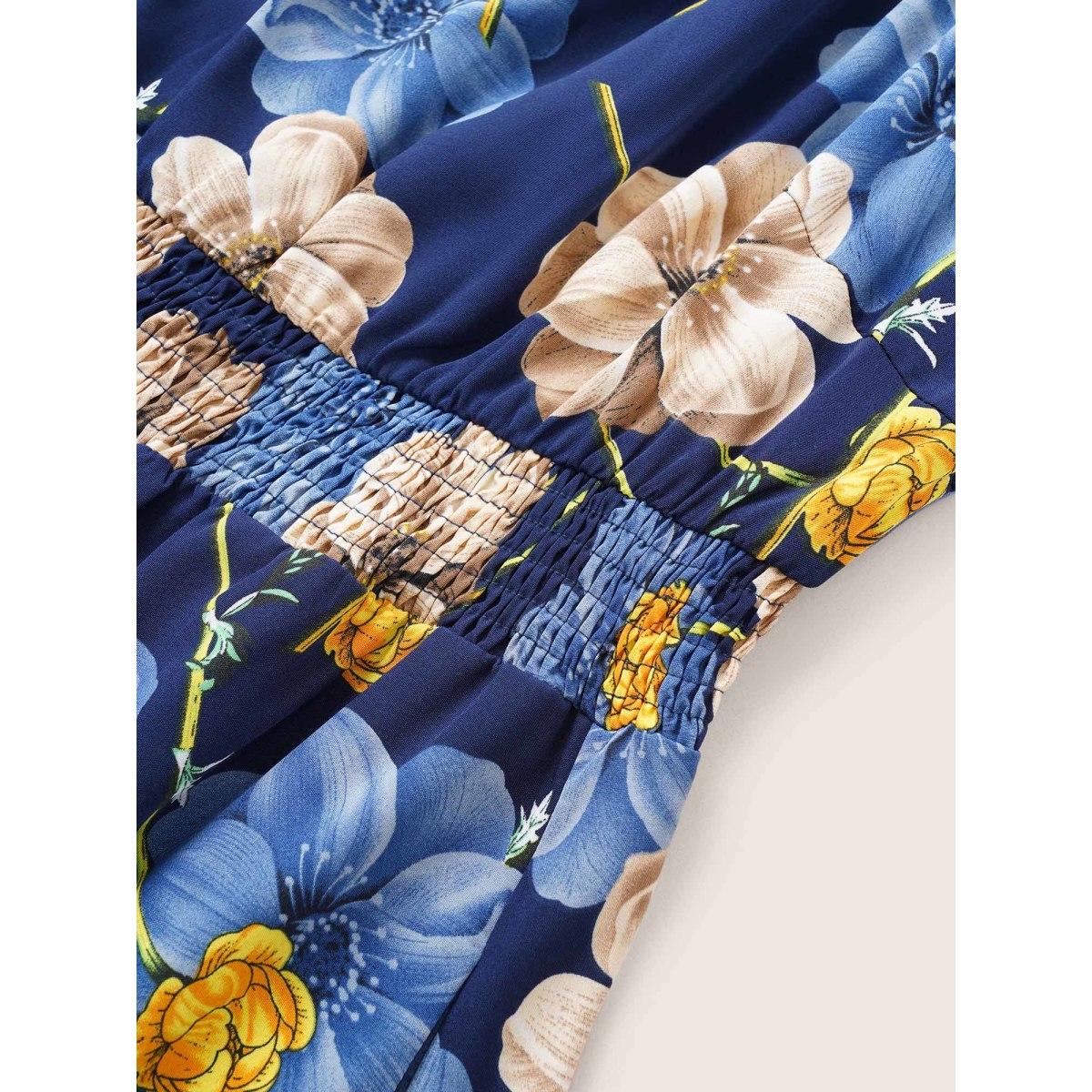 Plus Size Floral Print Square Neck Shirred Cuffs Dress DarkBlue Women Elegant Non Square Neck Elbow-length sleeve Curvy Midi Dress BloomChic 28/5X Product Image