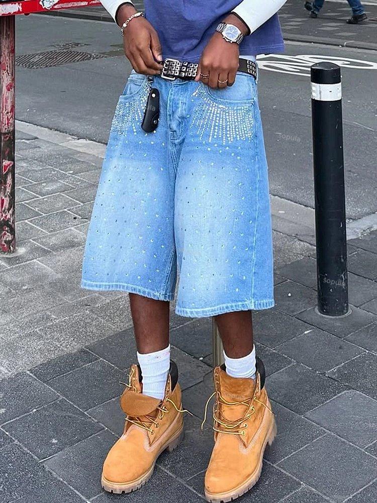 Street Washed Hot Diamond Design Baggy Jorts Denim Shorts Product Image