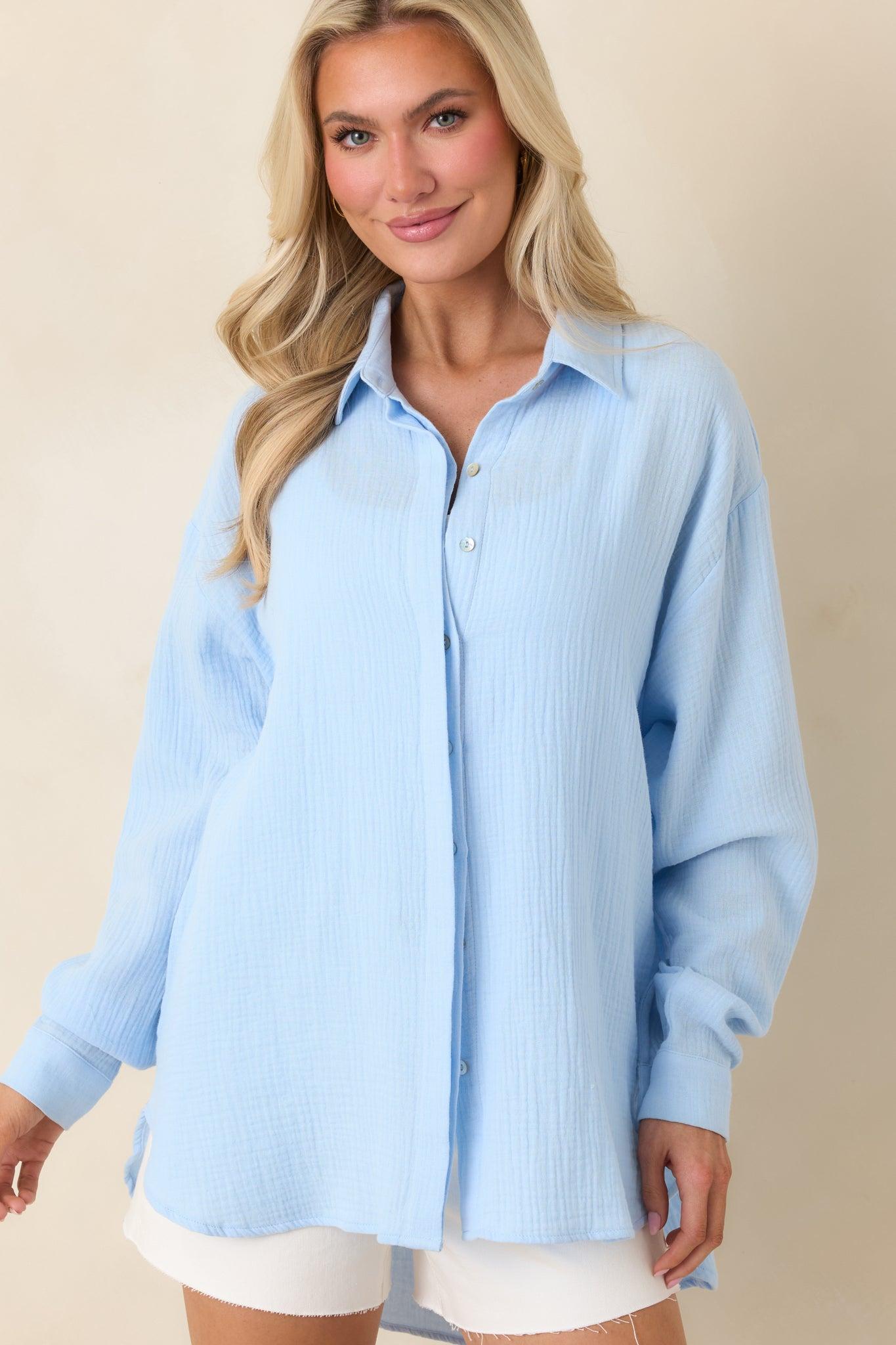 Paradisa Naples Oceana Blue Cotton Button-Up Top Product Image