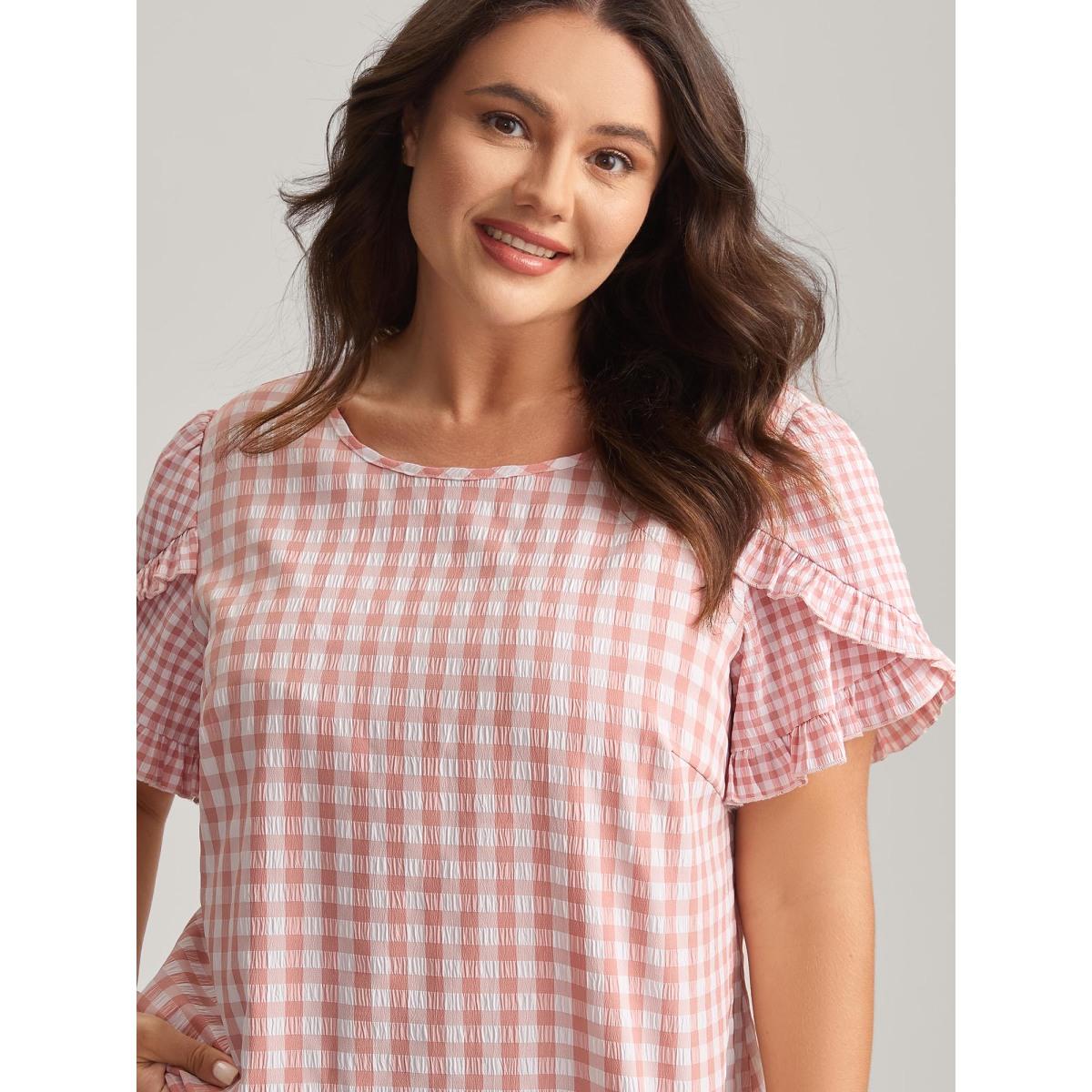 Plus Size Beanpastepowder Sweet Gingham Wrinkled Petal Sleeve Blouse Women Short sleeve Round Neck Everyday-Casual Blouses BloomChic 18-20/2X Product Image