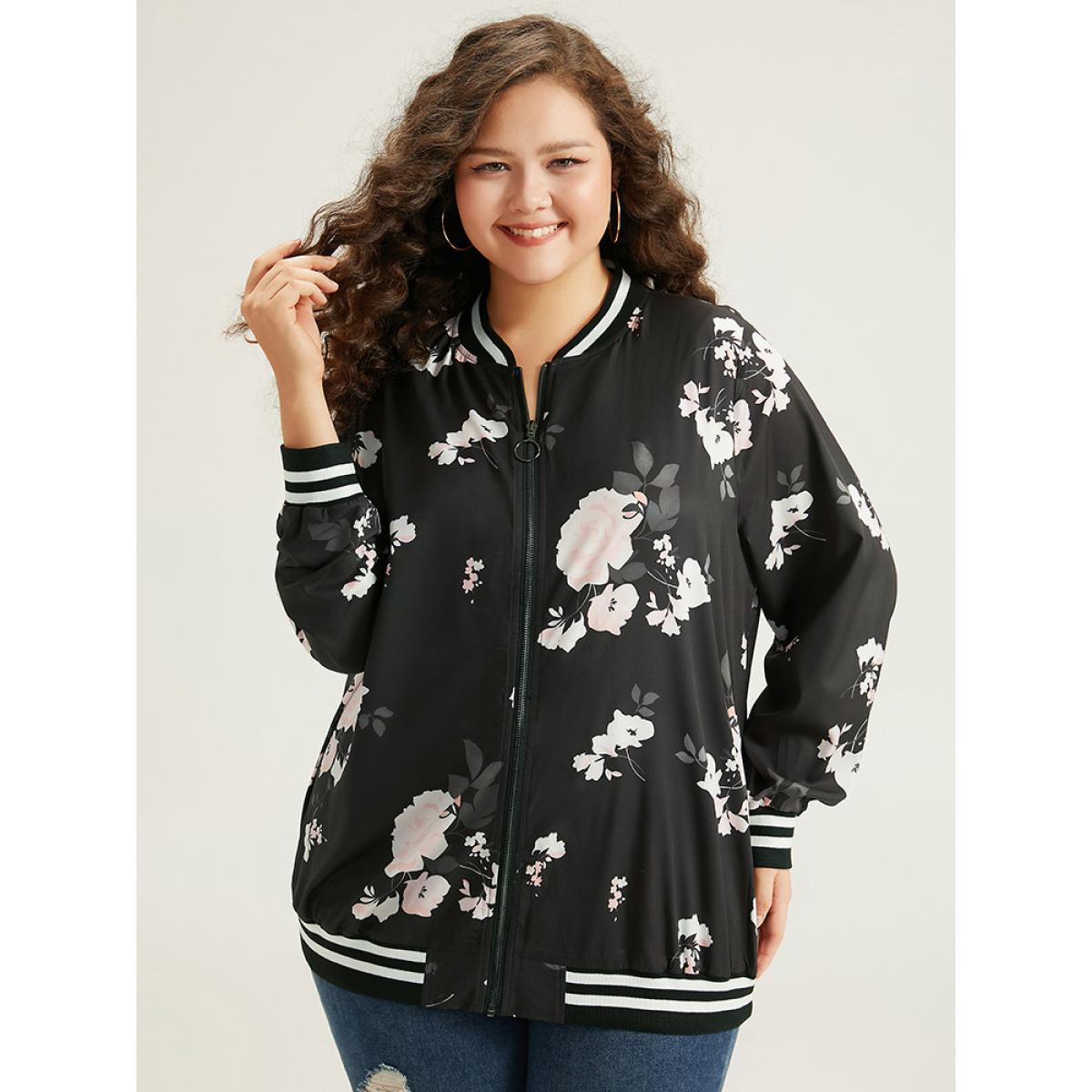 Plus Size Floral Contrast Trim O Ring Zipper Jacket Women Black Elastic cuffs Dailywear Jackets BloomChic 10/M Product Image