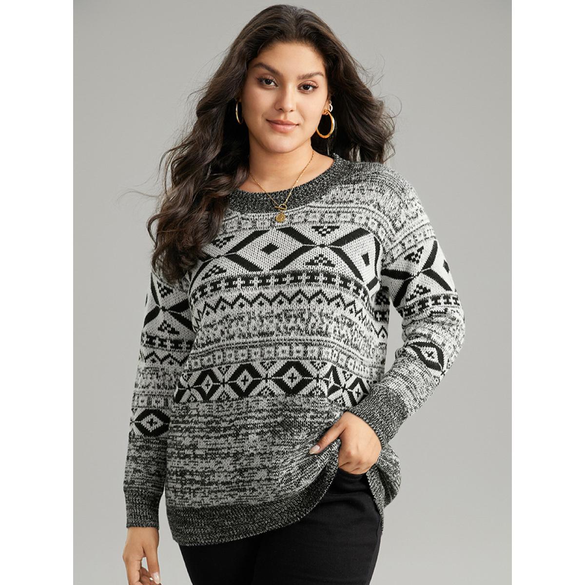 Plus Size Bandana Print Heather Loose Pullover Black Women Casual Loose Long Sleeve Round Neck Dailywear Pullovers BloomChic 12/L Product Image