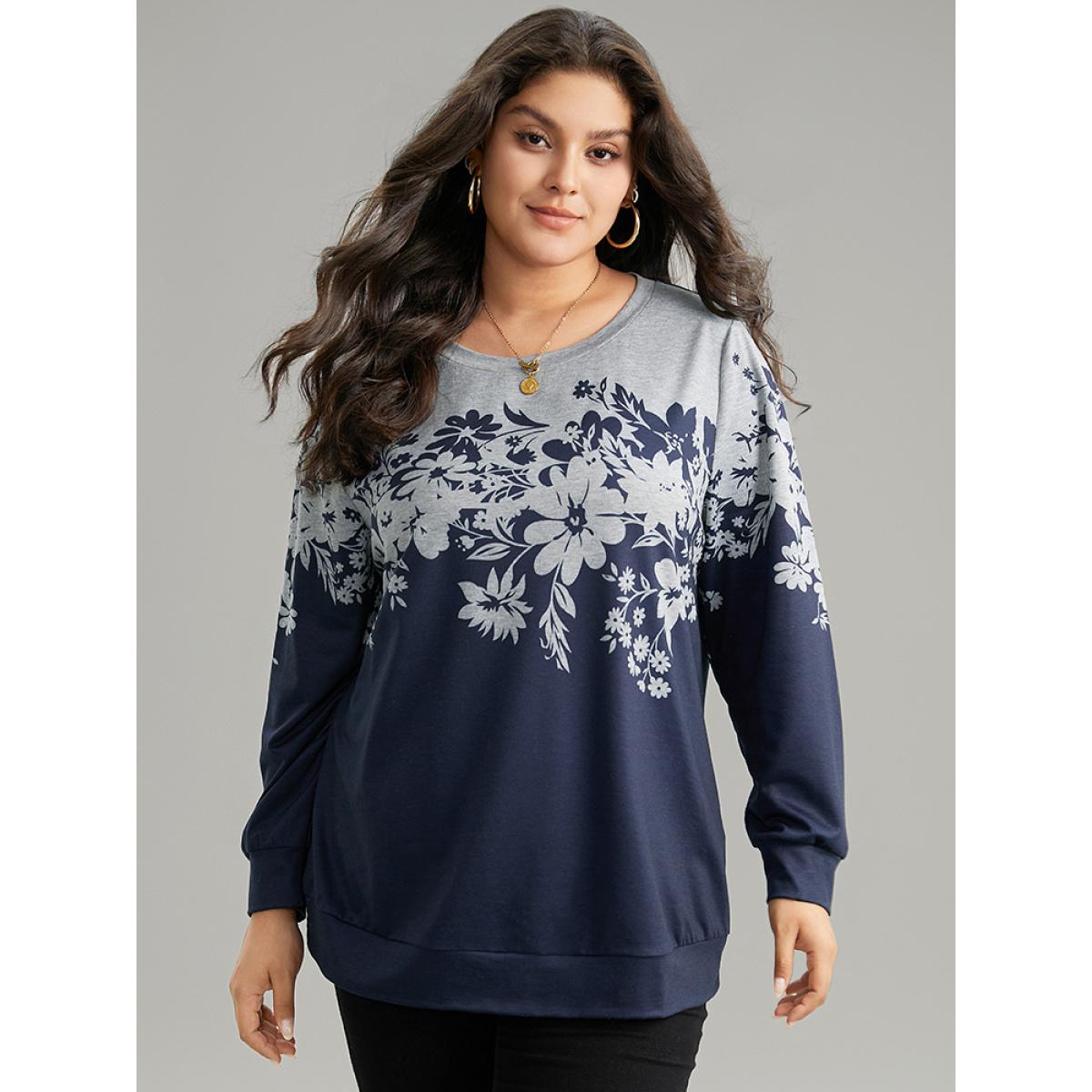 Plus Size Silhouette Floral Print Contrast Round Neck Sweatshirt Women Indigo Casual Contrast Round Neck Dailywear Sweatshirts BloomChic 12/L Product Image