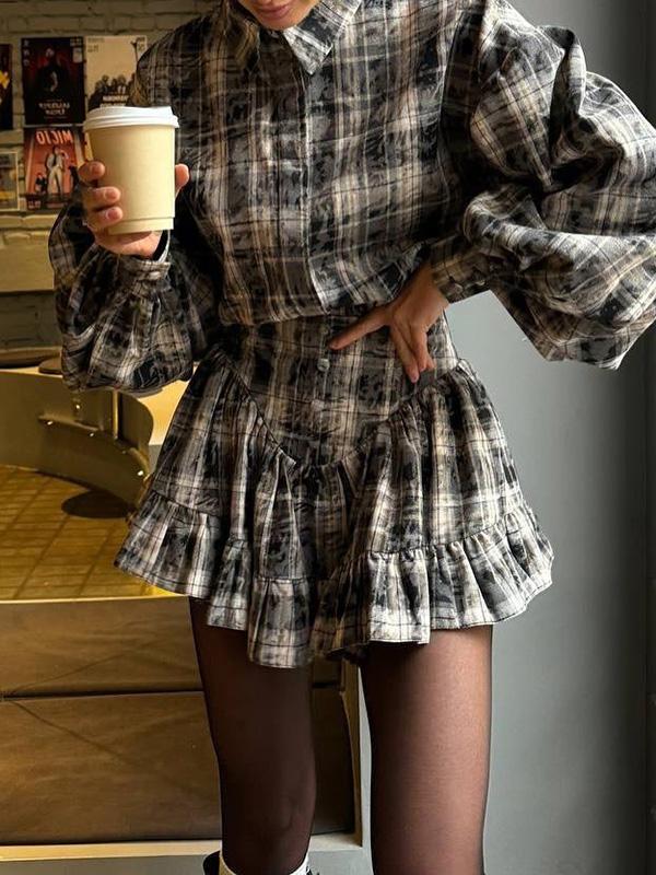 Loose Plaid Puff Sleeves Split-Joint Lapel Blouse + Pleated Ruffled Miniskirts Two Pieces Set Product Image