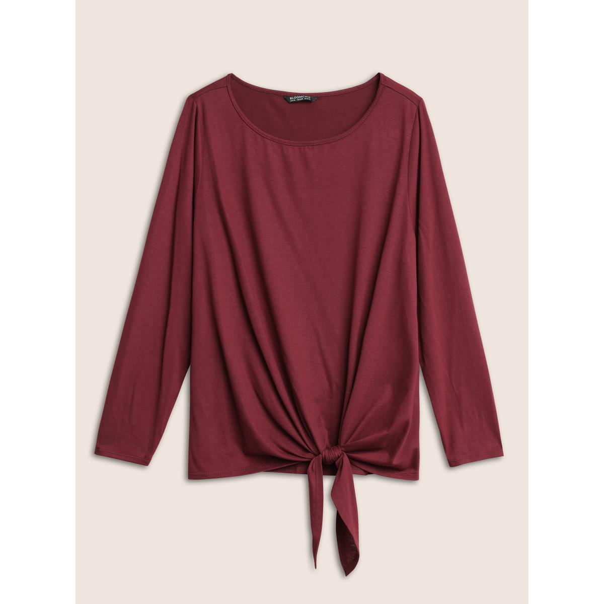 Plus Size Plain Crew Neck Ties T-shirt Burgundy Women Casual Non Plain Round Neck Everyday T-shirts BloomChic 10/M Product Image
