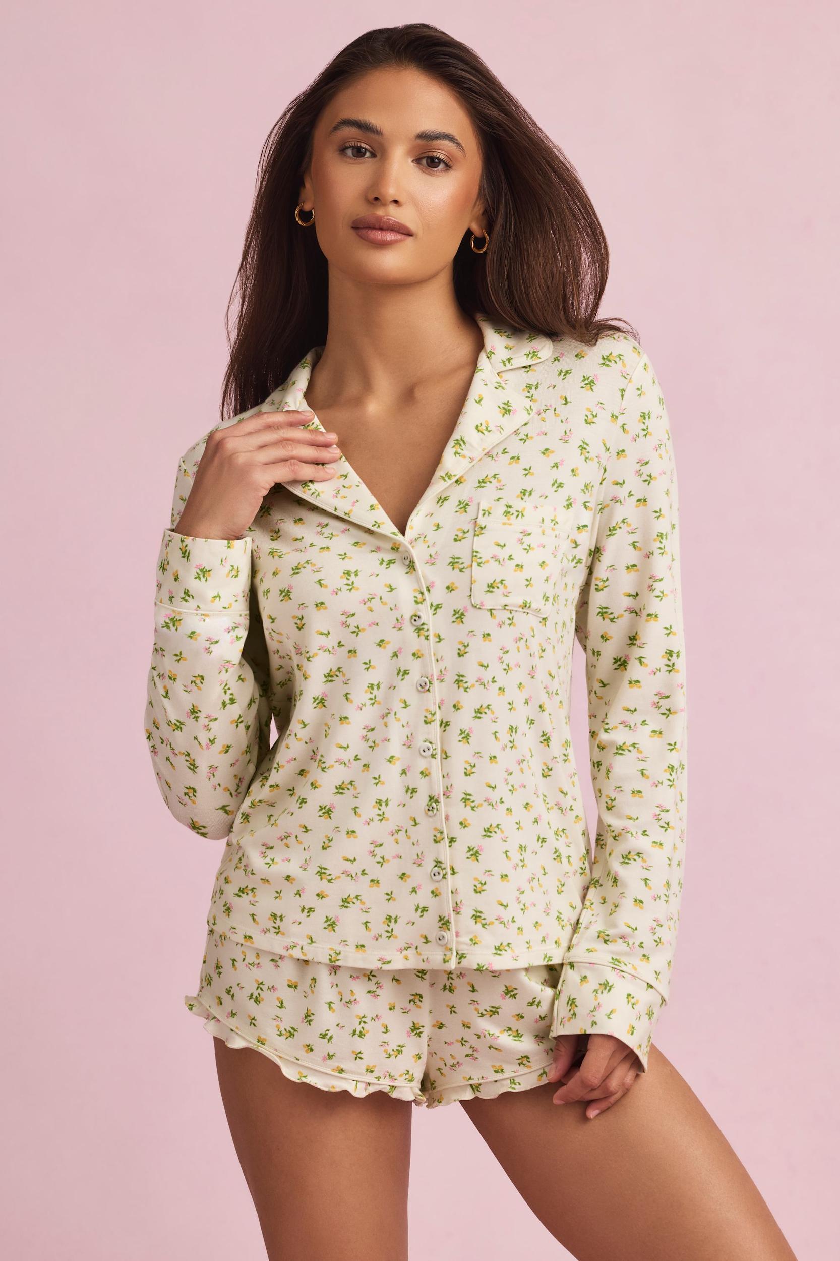 Modal Ruffle-Trim Pyjama Shorts in Lemon Print Product Image