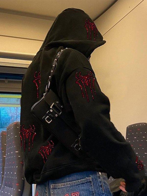 Rhinestone Spider Zip Up Hoodie Product Image
