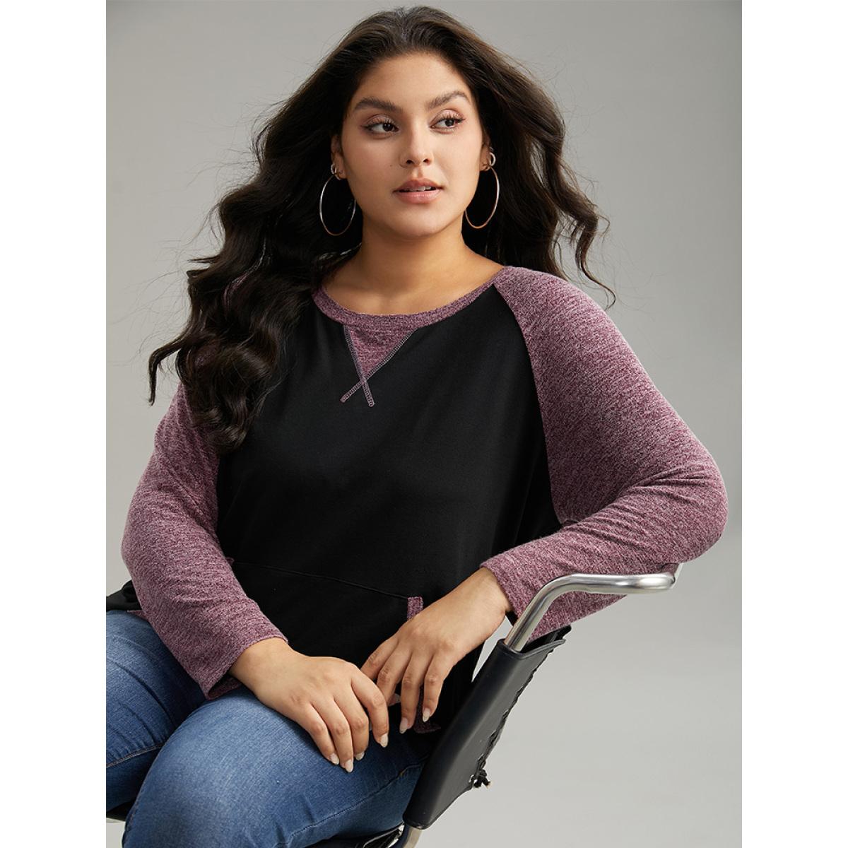 Plus Size Heather Stitch Pocket Raglan Sleeve Sweatshirt Women Black Casual Contrast Round Neck Dailywear Sweatshirts BloomChic 30/6X Product Image