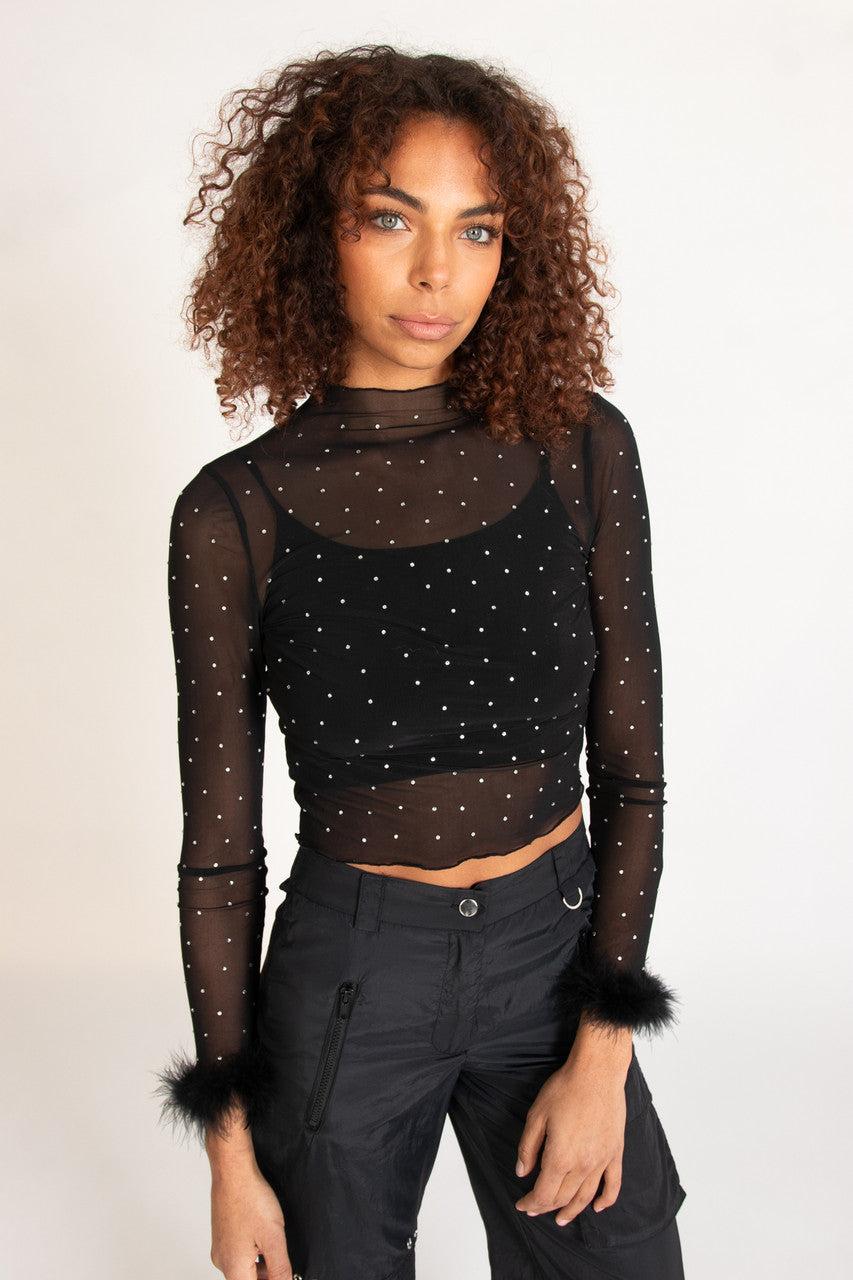 Long Sleeve Fur Trim Rhinestone Mesh Top Product Image