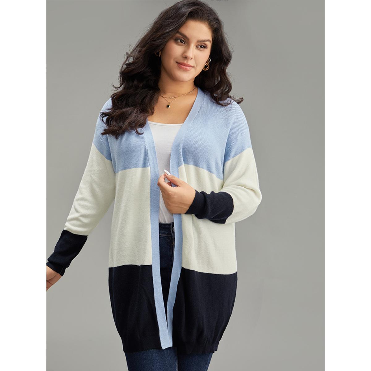 Plus Size Supersoft Essentials Colorblock Contrast Open Front Cardigan Blue Women Casual Loose Long Sleeve Everyday Cardigans BloomChic 18-20/2X Product Image