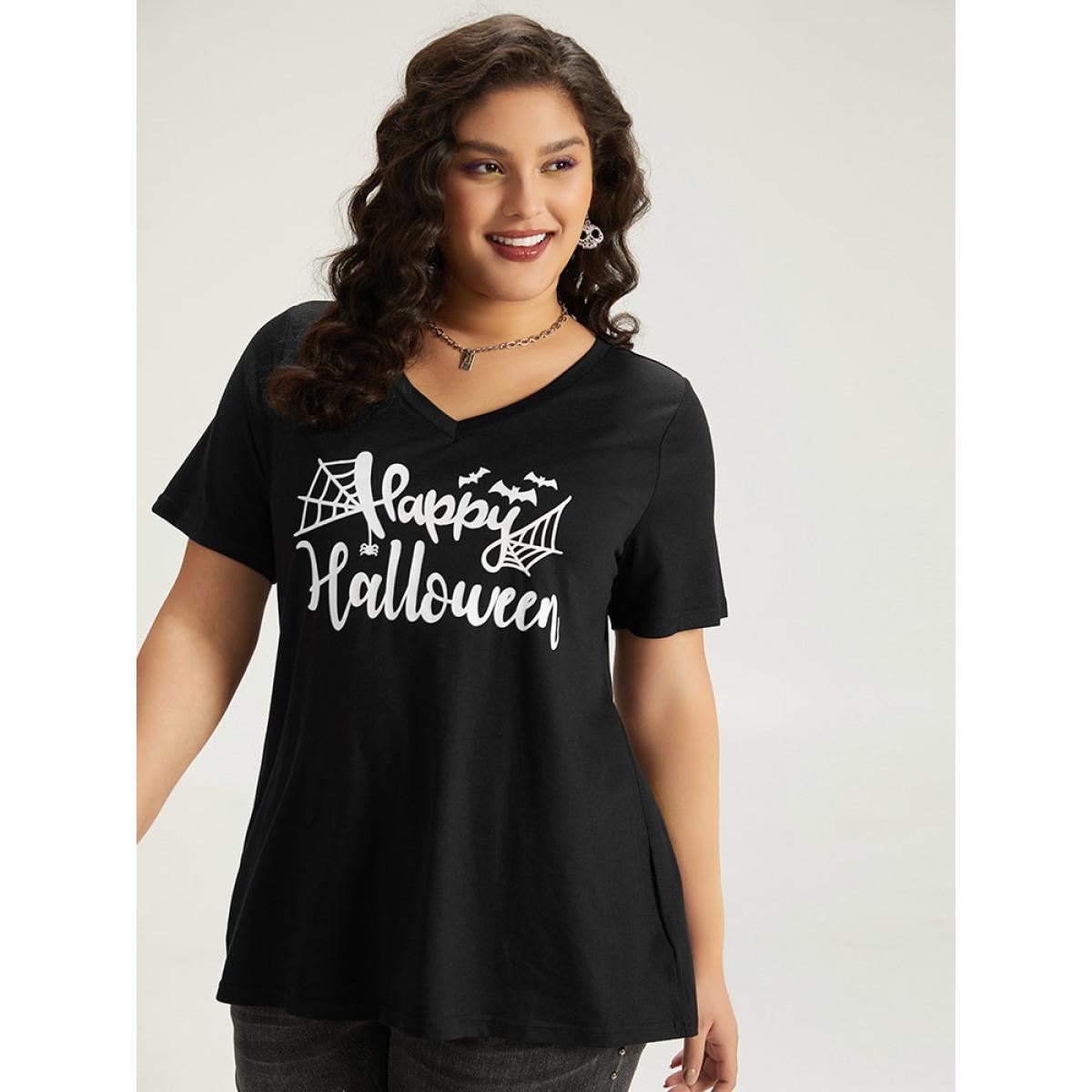 Plus Size Halloween Letter Print V Neck T-shirt Black Women Casual Printed Halloween Festival-Halloween T-shirts BloomChic 26/4X Product Image