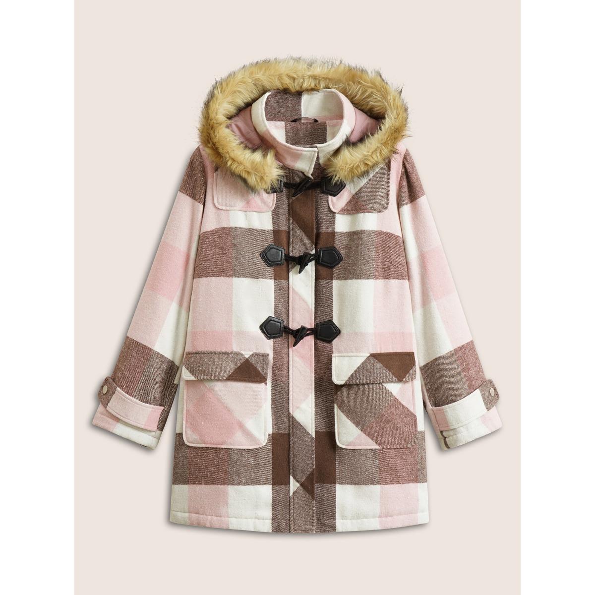 Plus Size Colorblock Contrast Fuzzy Trim Duffle Button Coat Women DustyPink Casual Lined Ladies Dailywear Winter Coats BloomChic 12/L Product Image