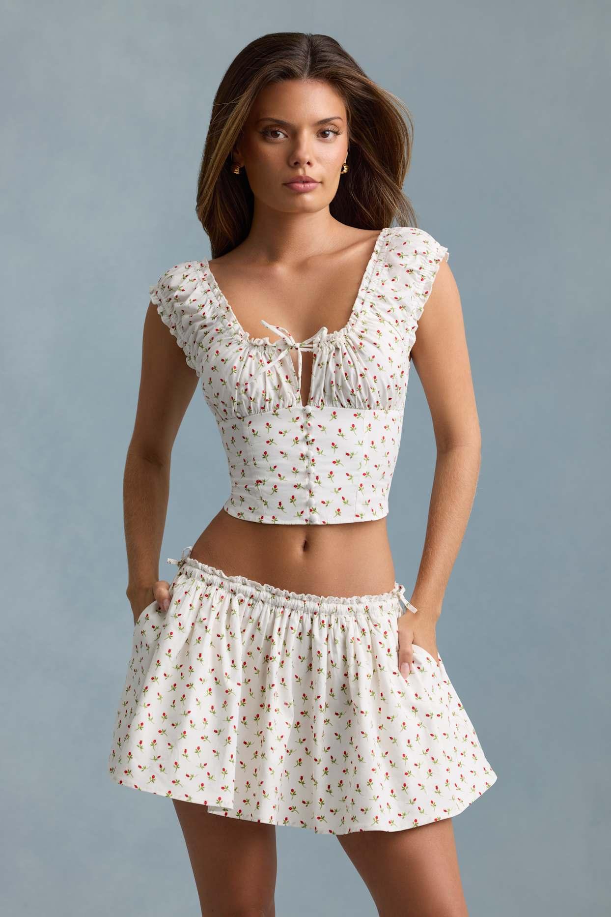 Ruched Cotton-Poplin Corset Top in Rose Print Product Image