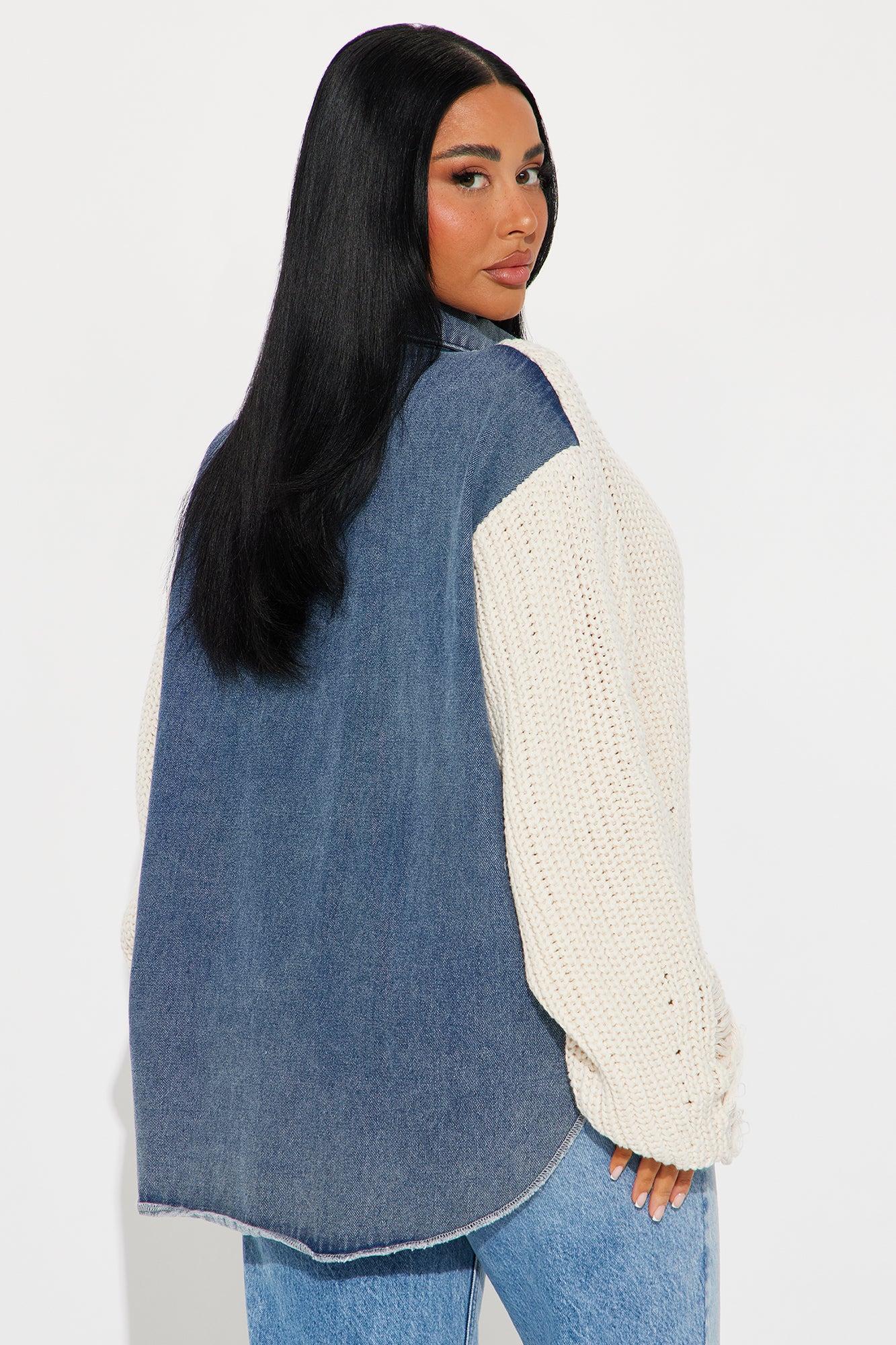 My Kind Of Cozy Mix Media Denim Jacket - Medium Wash Product Image