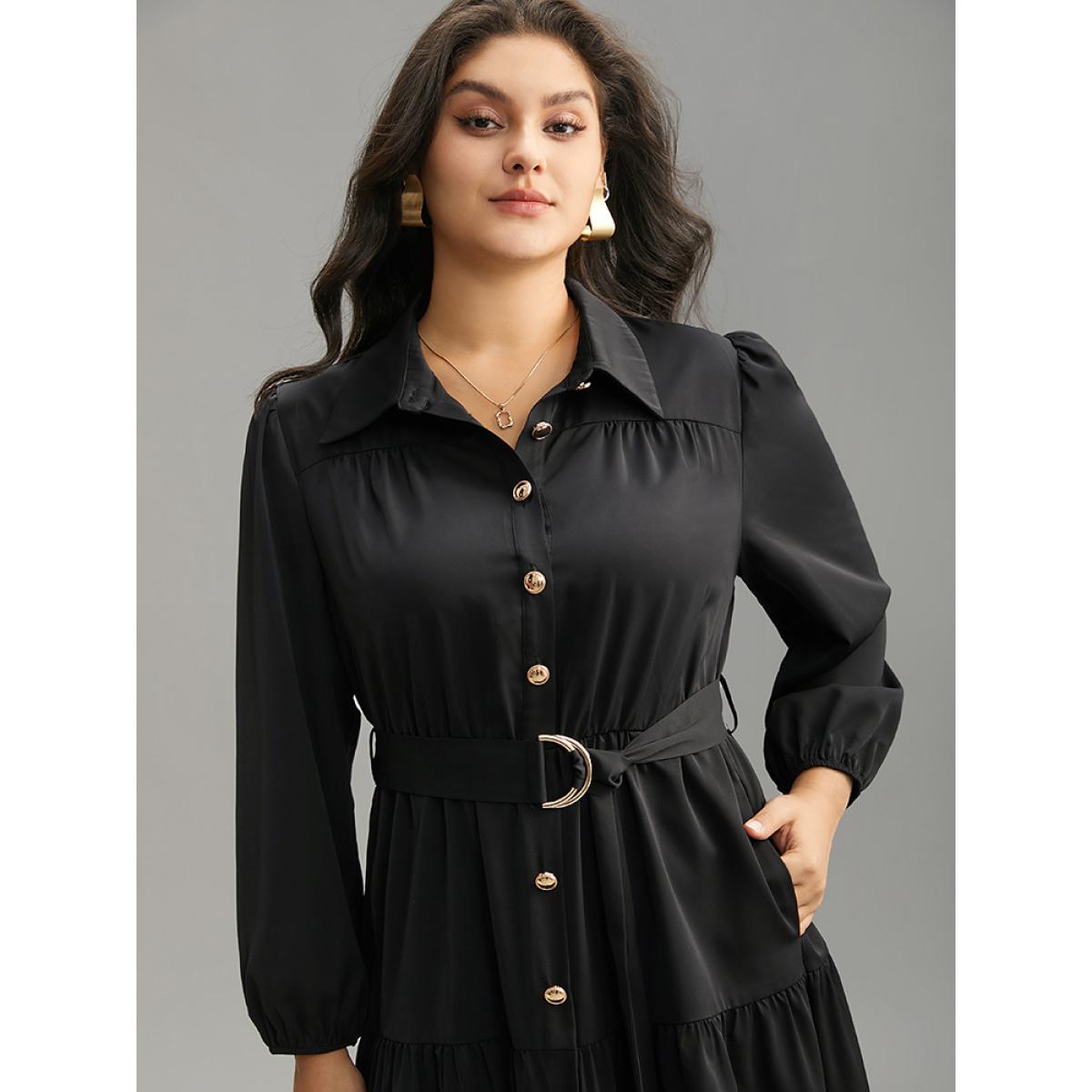 Plus Size Anti-Wrinkle Shirt Collar Belted Metal Detail Dress Black Women Office Plain Shirt collar Long Sleeve Curvy Midi Dress BloomChic 12/L Product Image