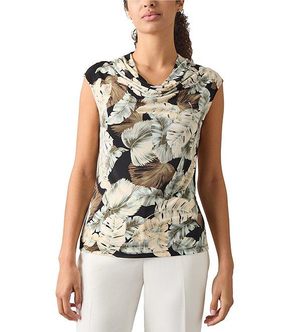 Kasper Leaf Print Ity Cowl Neck Cap Sleeve Top Product Image