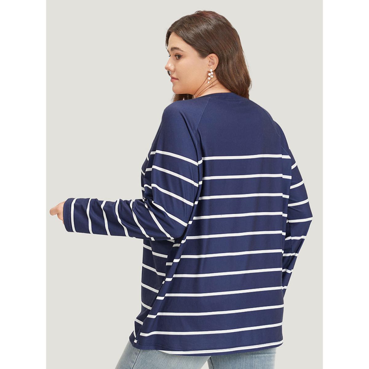 Plus Size Striped Button Up Crew Neck Raglan Sleeve T-shirt Blue Women Casual Button Striped Open Front Dailywear T-shirts BloomChic 10/M Product Image