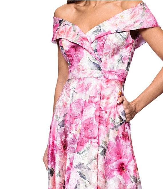Xscape Off The Shoulder Cap Sleeve Floral Burnout Chiffon A-Line Gown Product Image