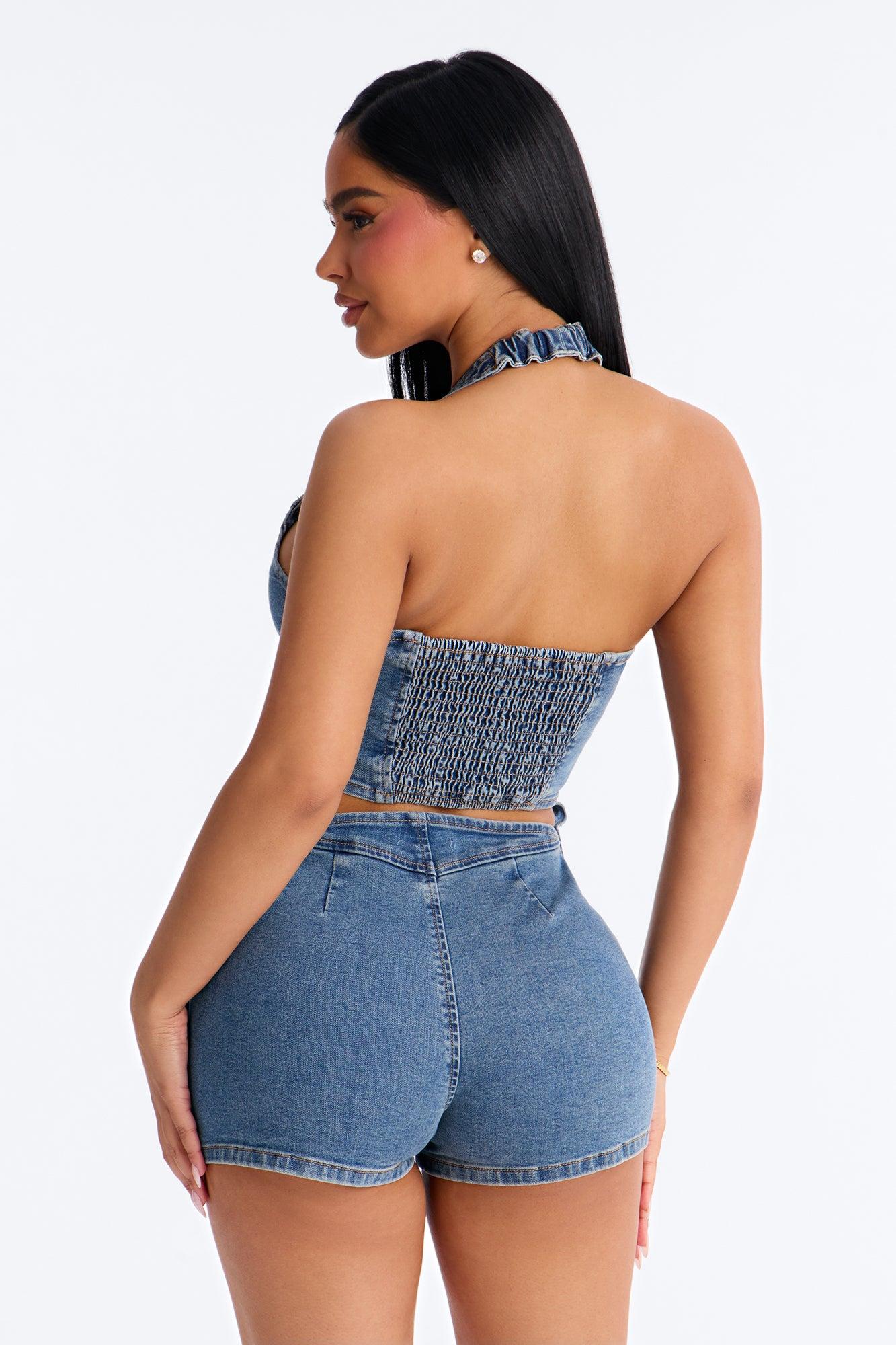 Cyndi Denim Halter Romper - Medium Wash Female Product Image