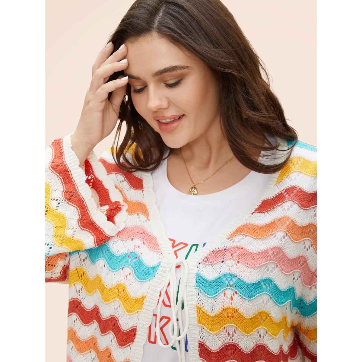 Plus Size Cotton Rainbow Perforated Front Tie Cardigan Multicolor Women Casual Loose Long Sleeve Everyday Cardigans BloomChic 26/4X Product Image
