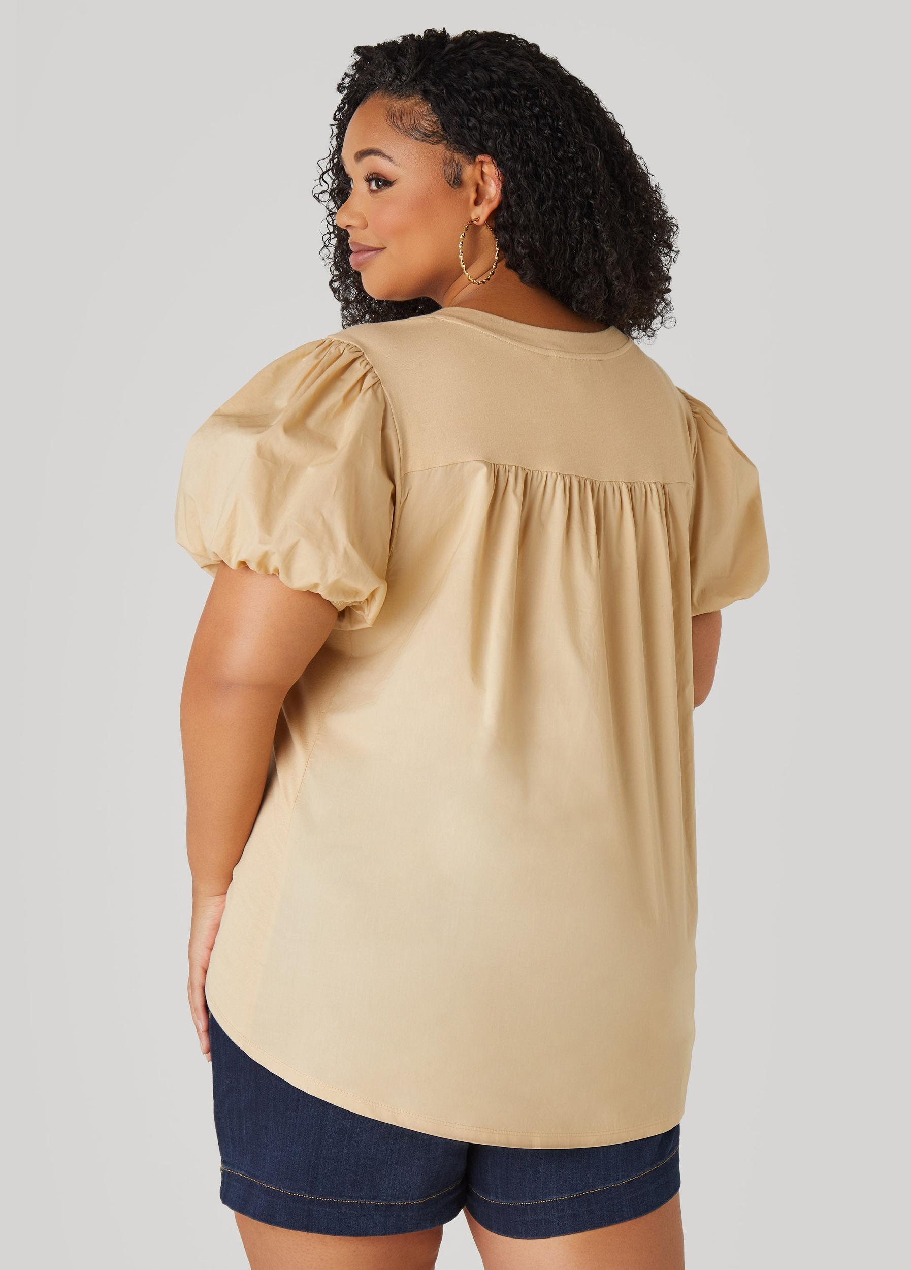 Puff Sleeve Paneled V Neck Tee Product Image