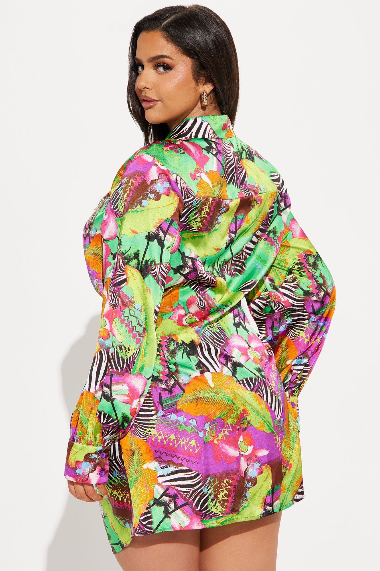 The Tropics Satin Shirt Mini Dress - Green/combo Product Image