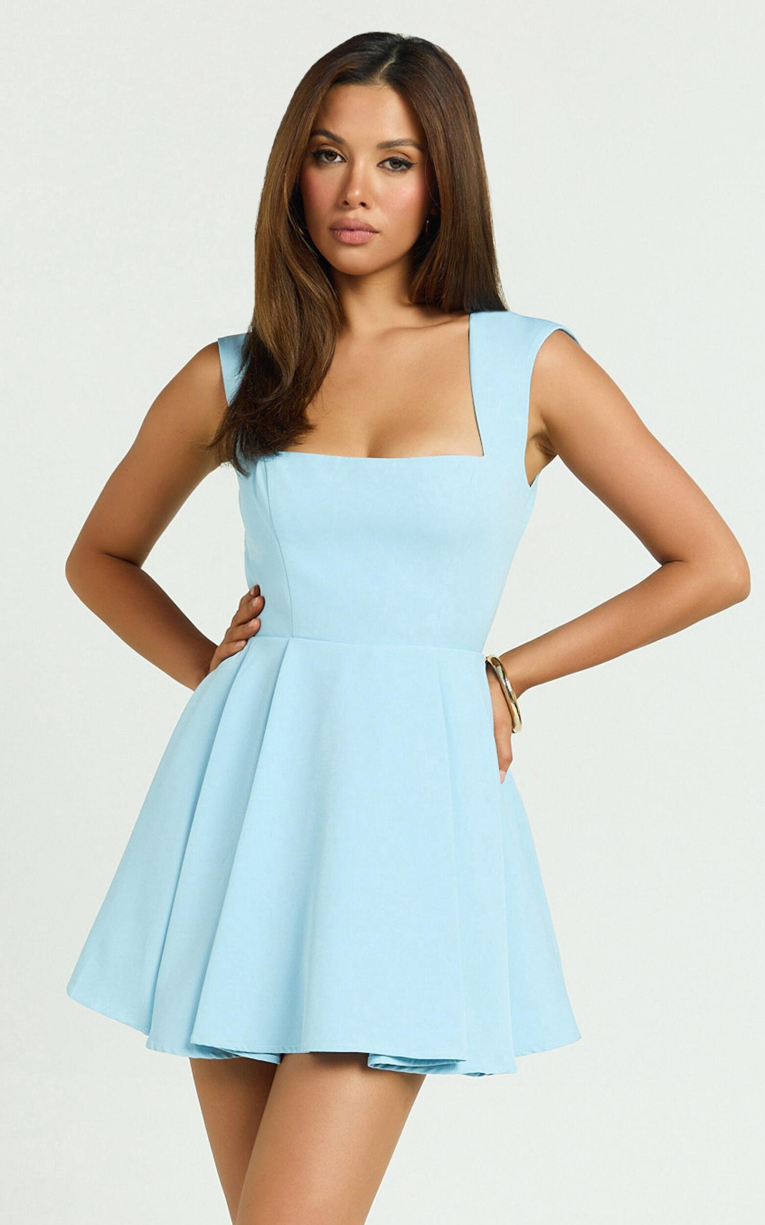 Adira Mini Dress - Square Neck Corset Bodice Pleat Skirt Backless Dress in Blue Product Image