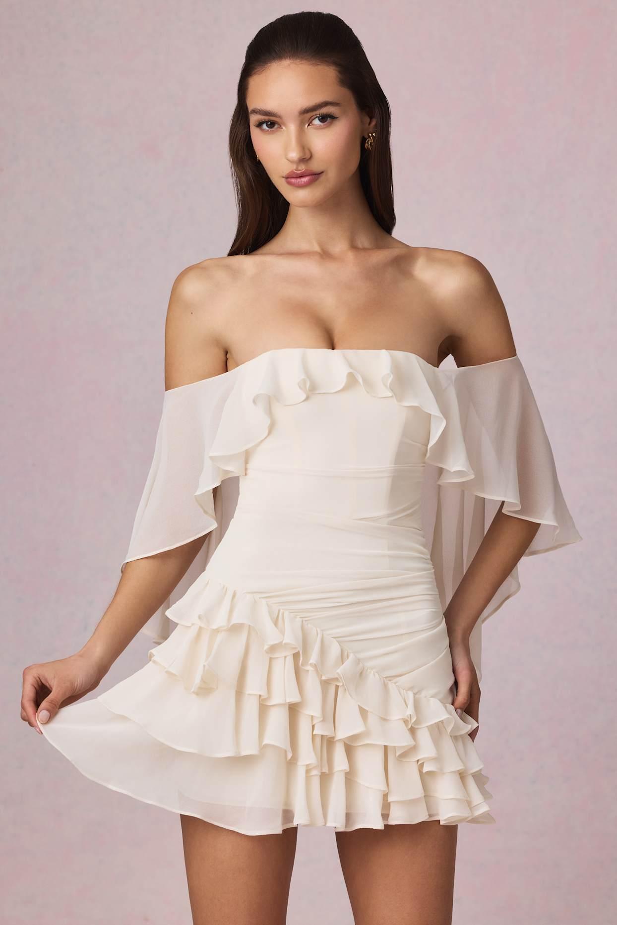 Off-Shoulder Ruffled Mini Dress in Ivory Product Image