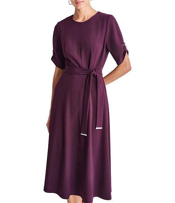 DKNY by Donna Karan Knit Round Neck Short Ruched Sleeve Tie Waist Midi Dress Product Image