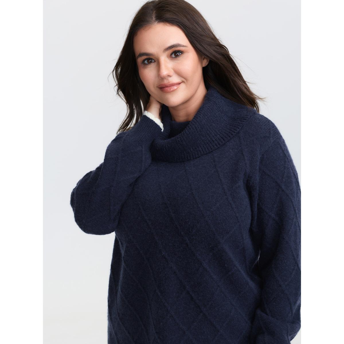 Plus Size Curvy Contrast Hem Textured Turtleneck Pullover Midnight Women Leisure Loose Long Sleeve Turtleneck Casual Pullovers BloomChic 22-24/3X Product Image