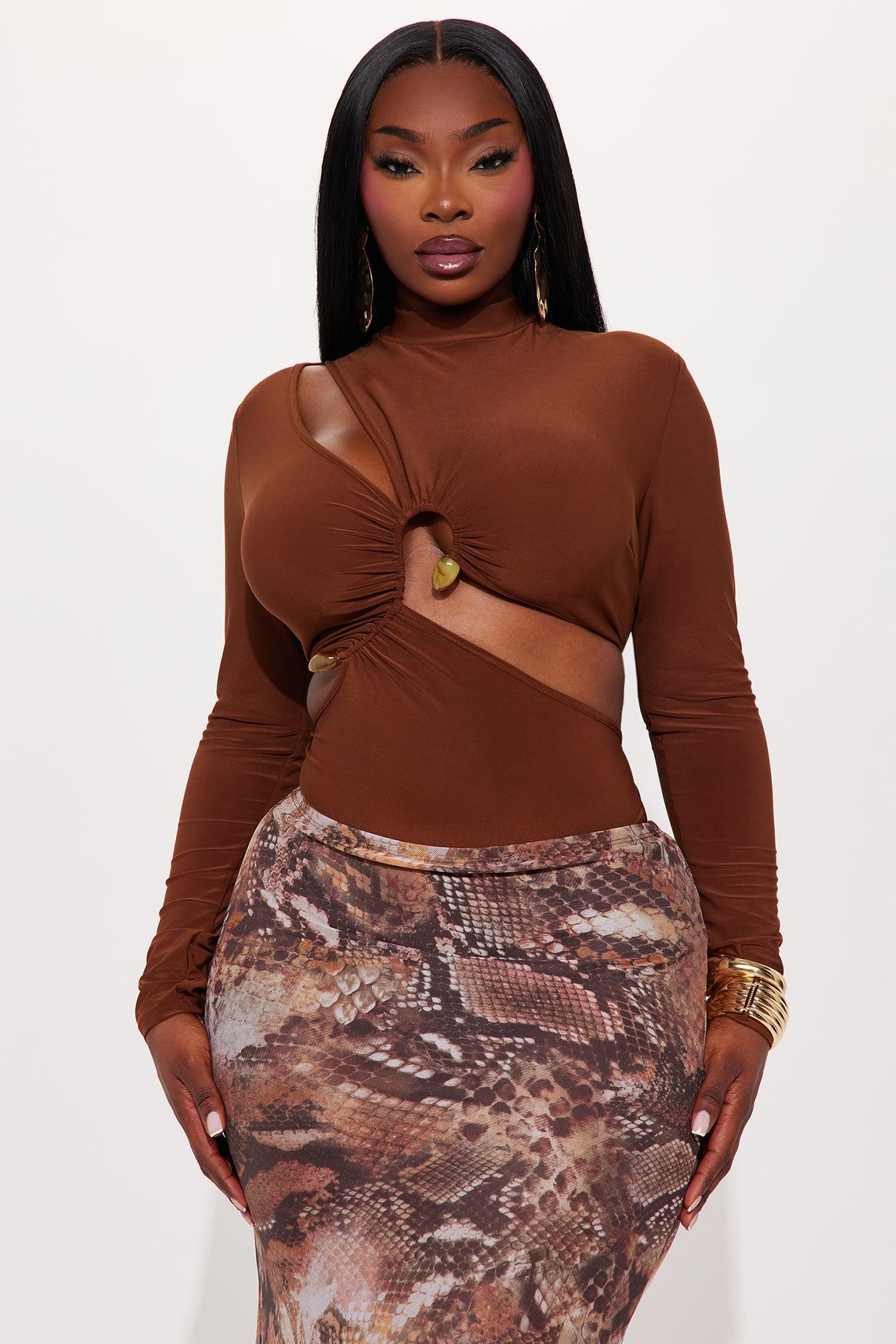 In Motion Long Sleeve Cut Out Bodysuit - Chocolate Female Product Image
