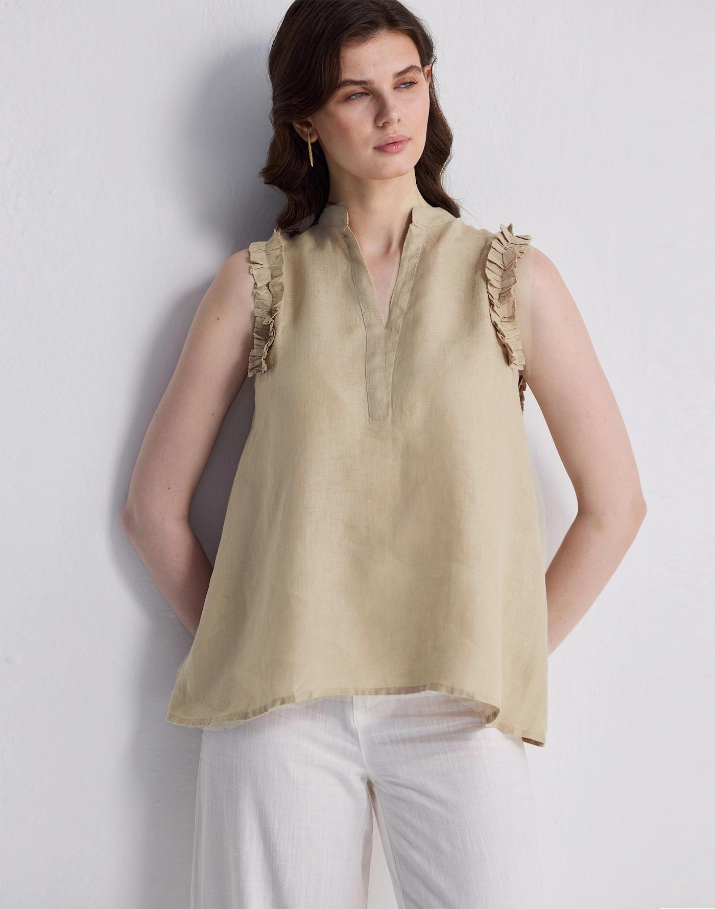 Reistor® Sleeveless 100% Hemp Top with Ruffles in Neutral Beige Product Image