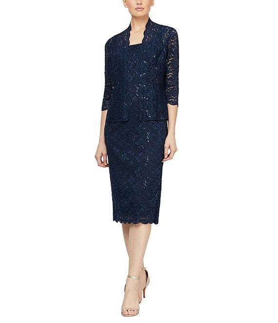 Ignite Evenings 3/4 Sleeve Square Neck Sequin Lace 2-Piece Jacket Midi Dress Product Image