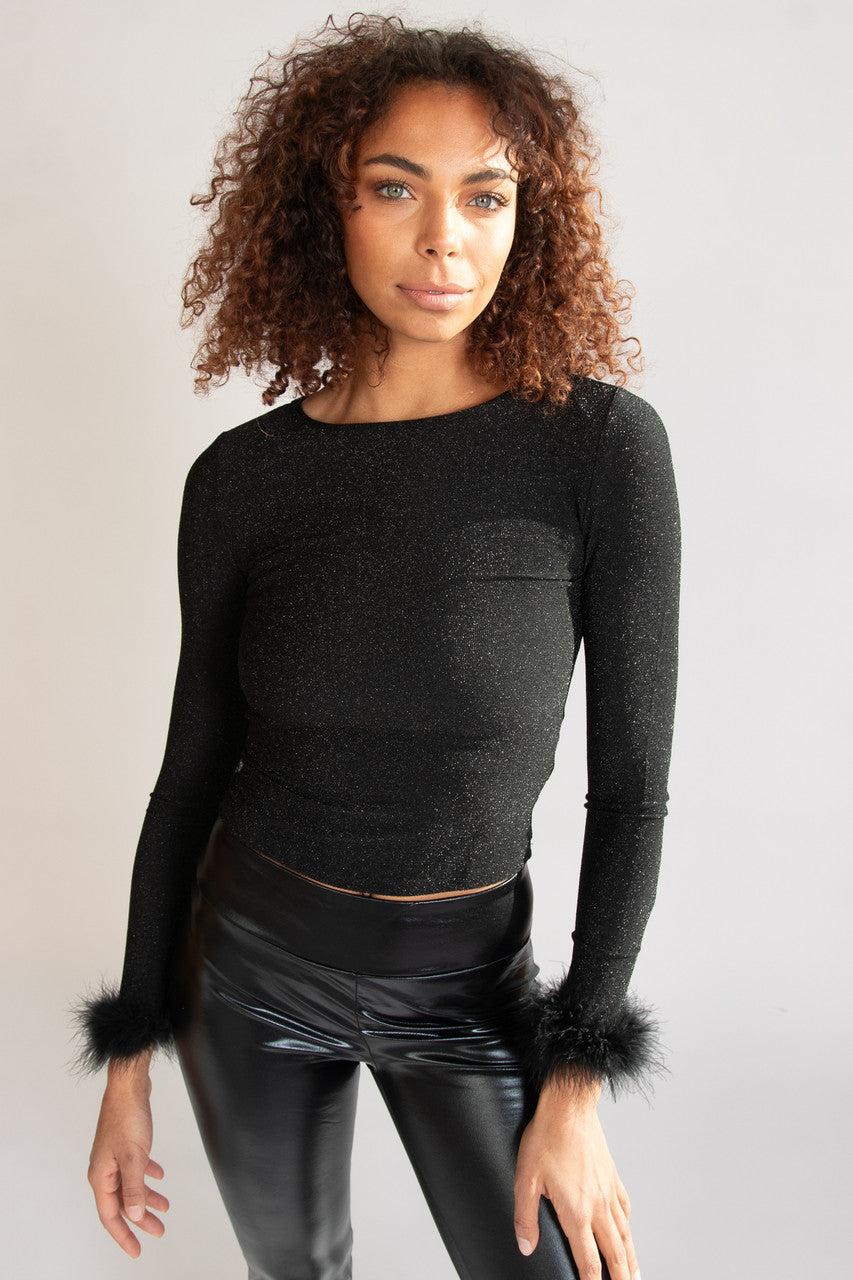 Feather Trim Glitter Long Sleeve Top Product Image