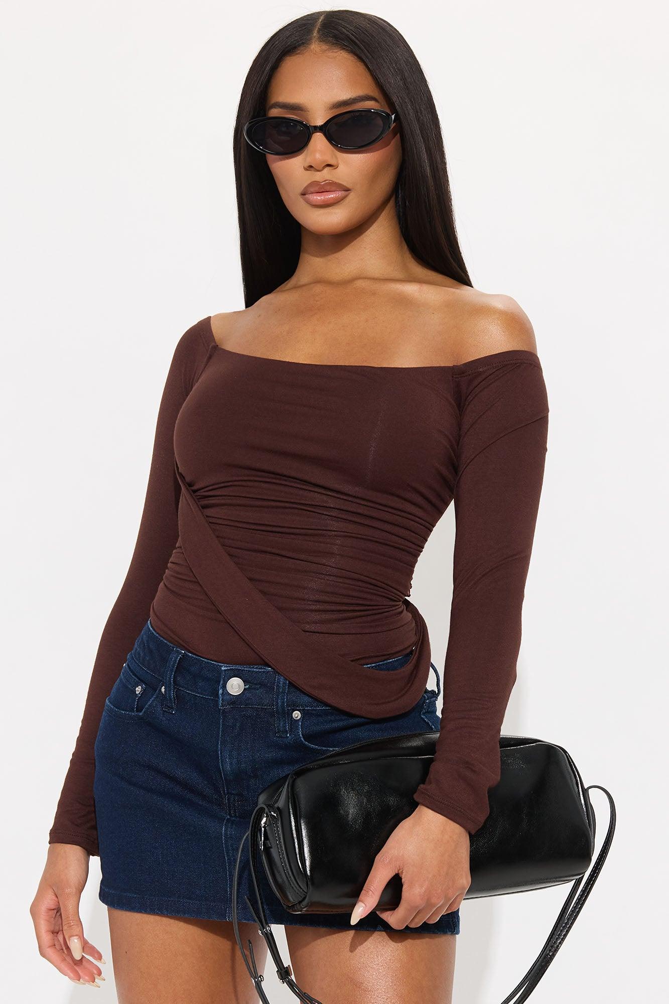 Gilda Off Shoulder Long Sleeve Bodysuit - Brown Female Product Image
