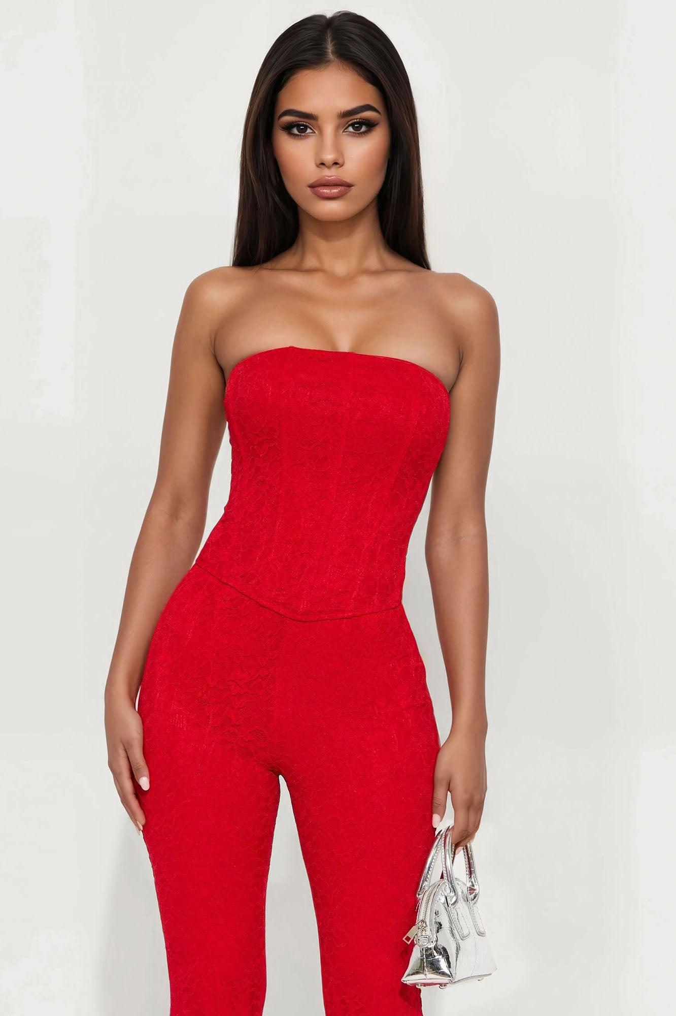 Larissa Corset Fully Lined Lace Pant Set - Red Female Product Image