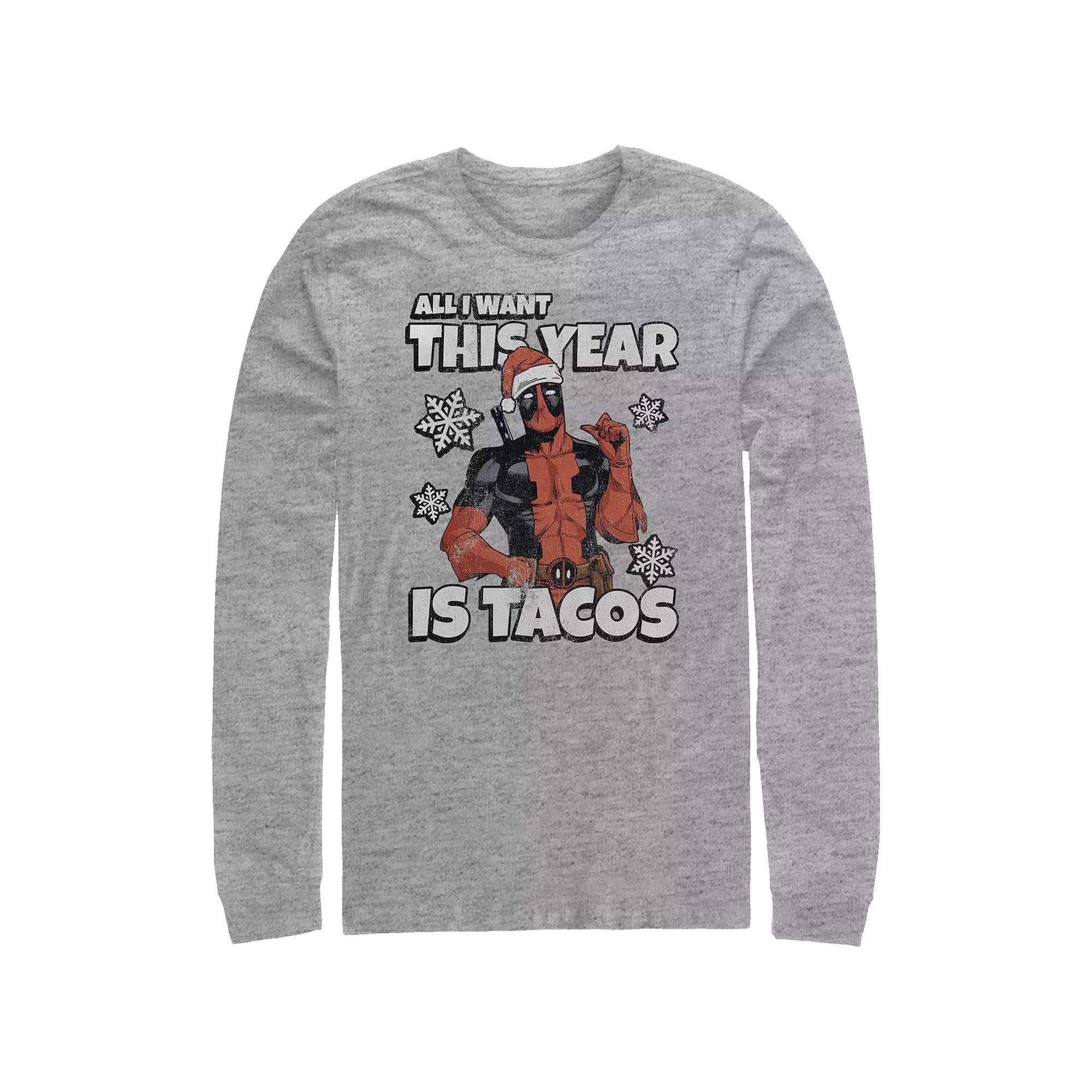 Big & Tall Marvel Deadpool All I Want This Year Is Tacos Xmas Long Sleeve Graphic Tee, Men's,  Product Image
