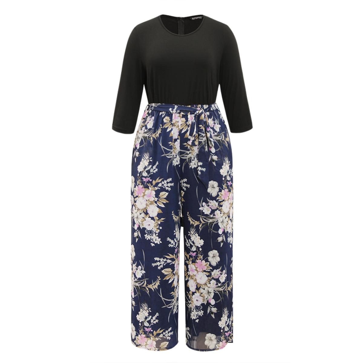 Plus Size Indigo Floral Patchwork Belted Jumpsuit Women Elegant Elbow-length sleeve Round Neck Everyday Loose Jumpsuits BloomChic 28/5X Product Image