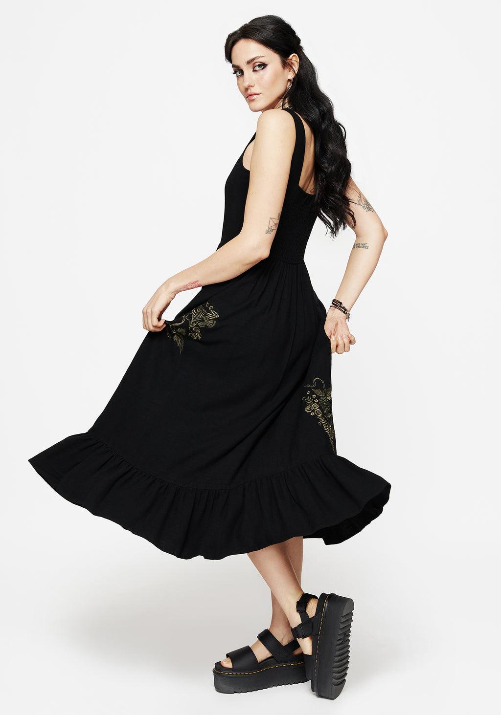 Foliate Linen-Blend Embroidered Sleeveless Midi Dress - Black Product Image