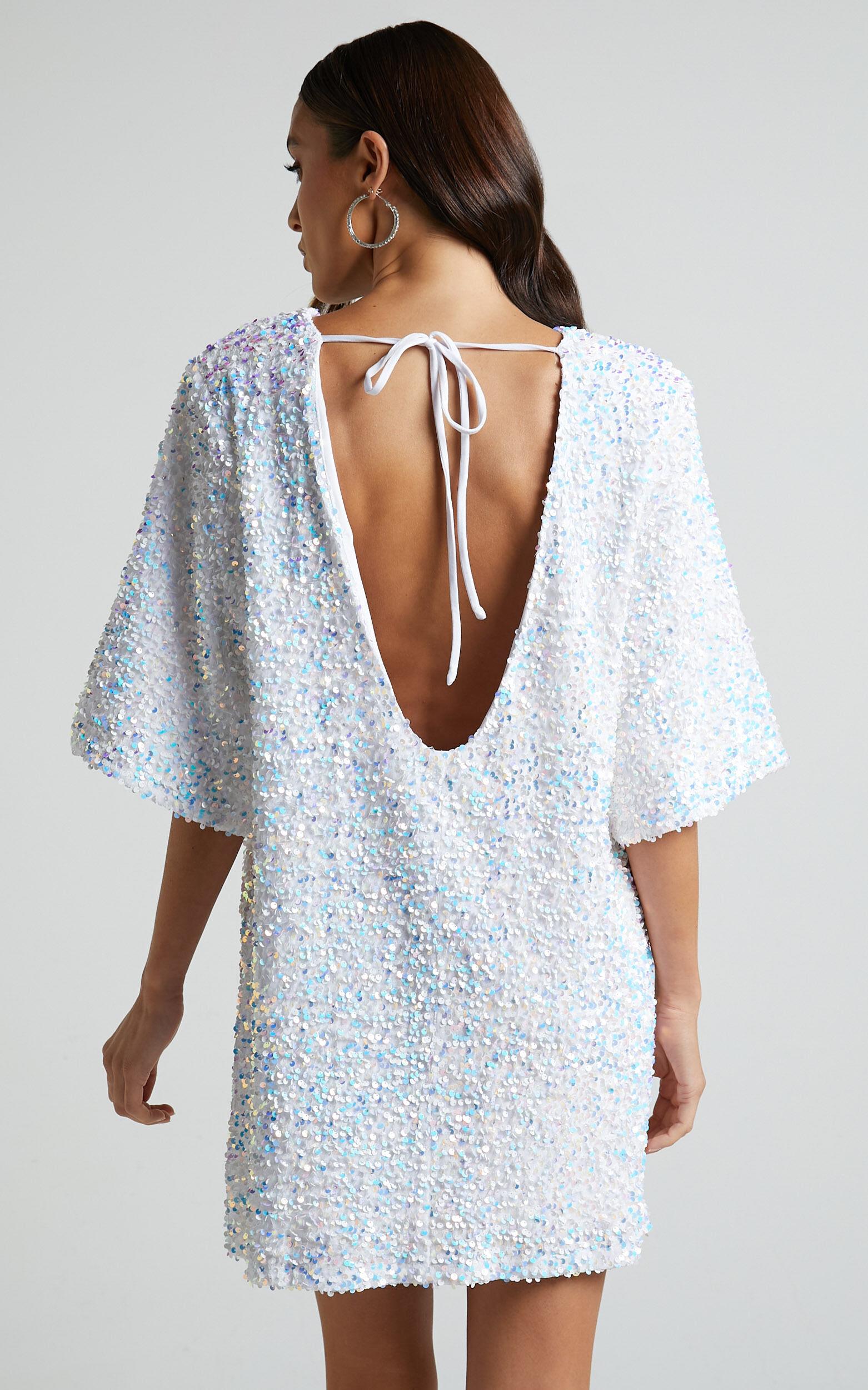 Valetta Mini Dress - Sequin low back shift dress in White Product Image