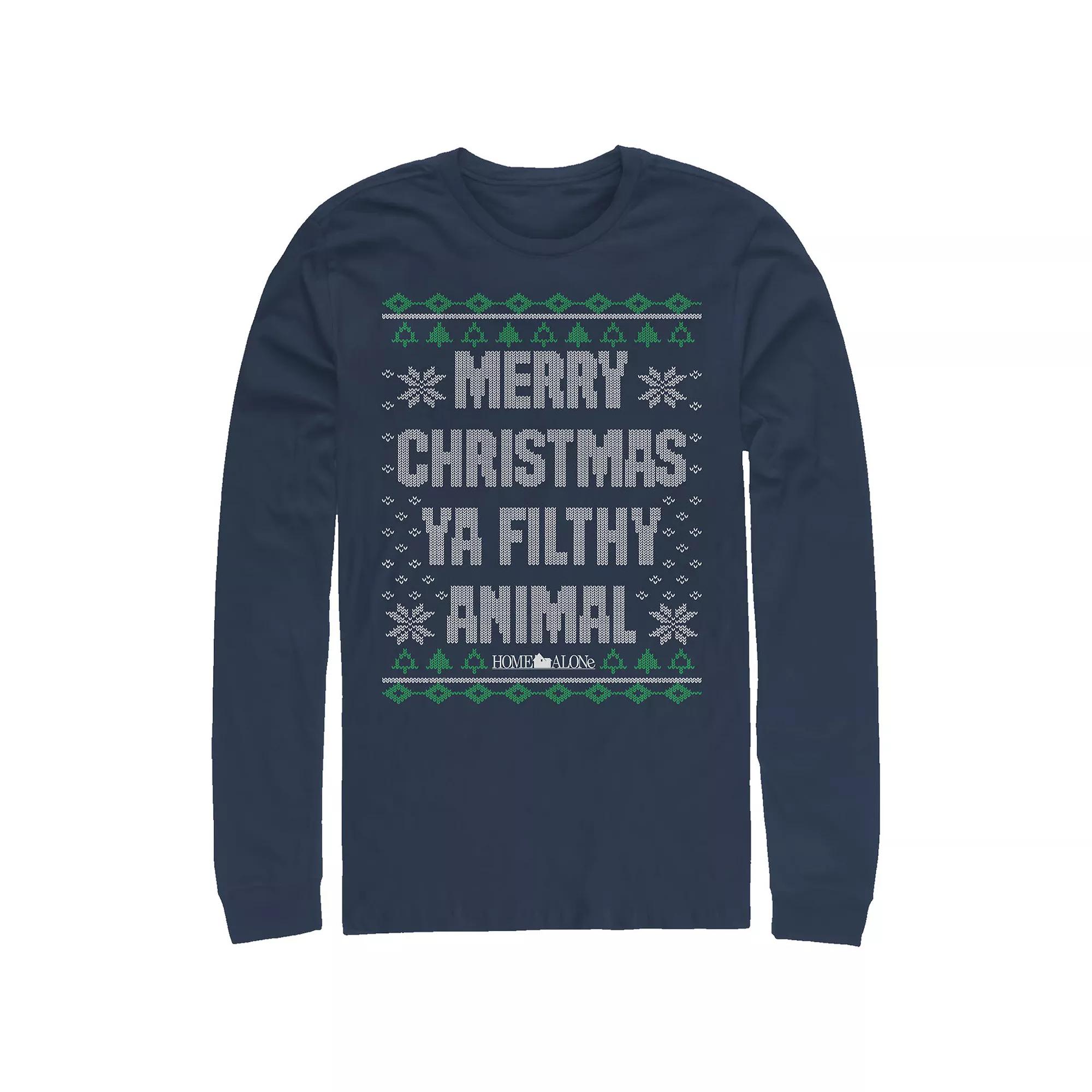Big & Tall Home Alone Merry Christmas Ya Filthy Animal Sweater Long Sleeve Graphic Tee, Mens Blue Product Image